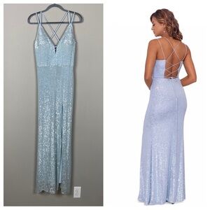 New! Xscape mesh sequin spaghetti strap gown light blue nwt 11164